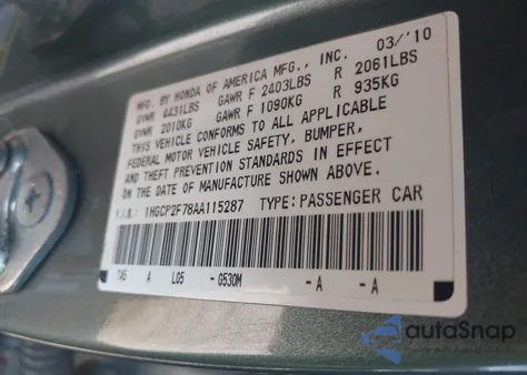 2010 Honda Accord 2.4 Ex from USA, damaged, VIN 1HGCP2F78AA115287